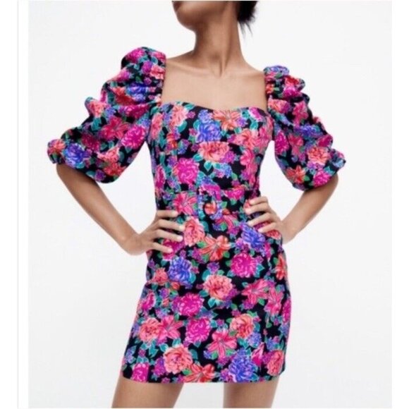 Zara Pink Floral Heart Neckline Puff Sleeve Belted Romantic Mini Dress M NWOT - Picture 1 of 10